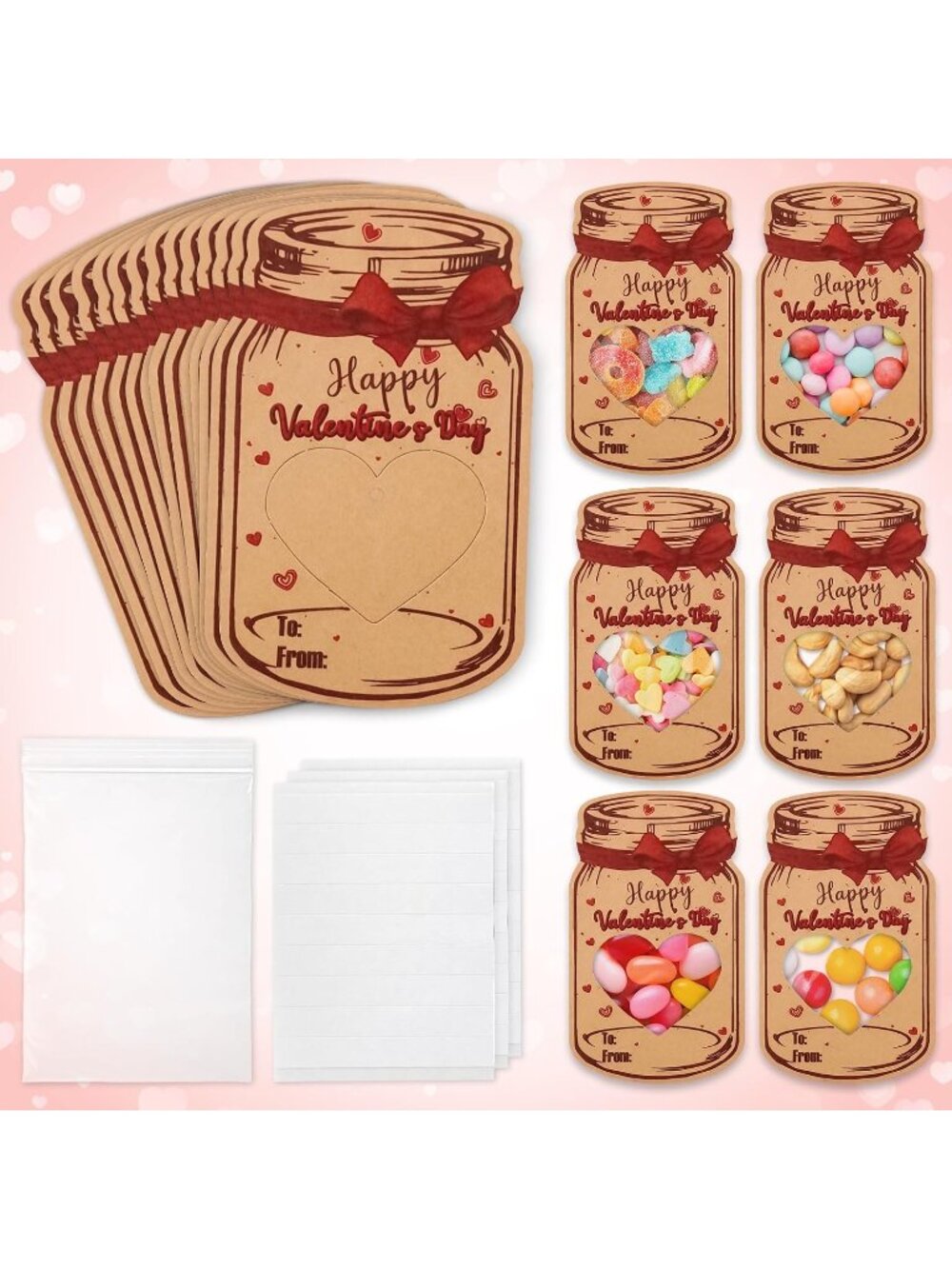 Mason Jar Valentine Cards for Kids, 50 Pack Valentine Exchange Cards with Treat